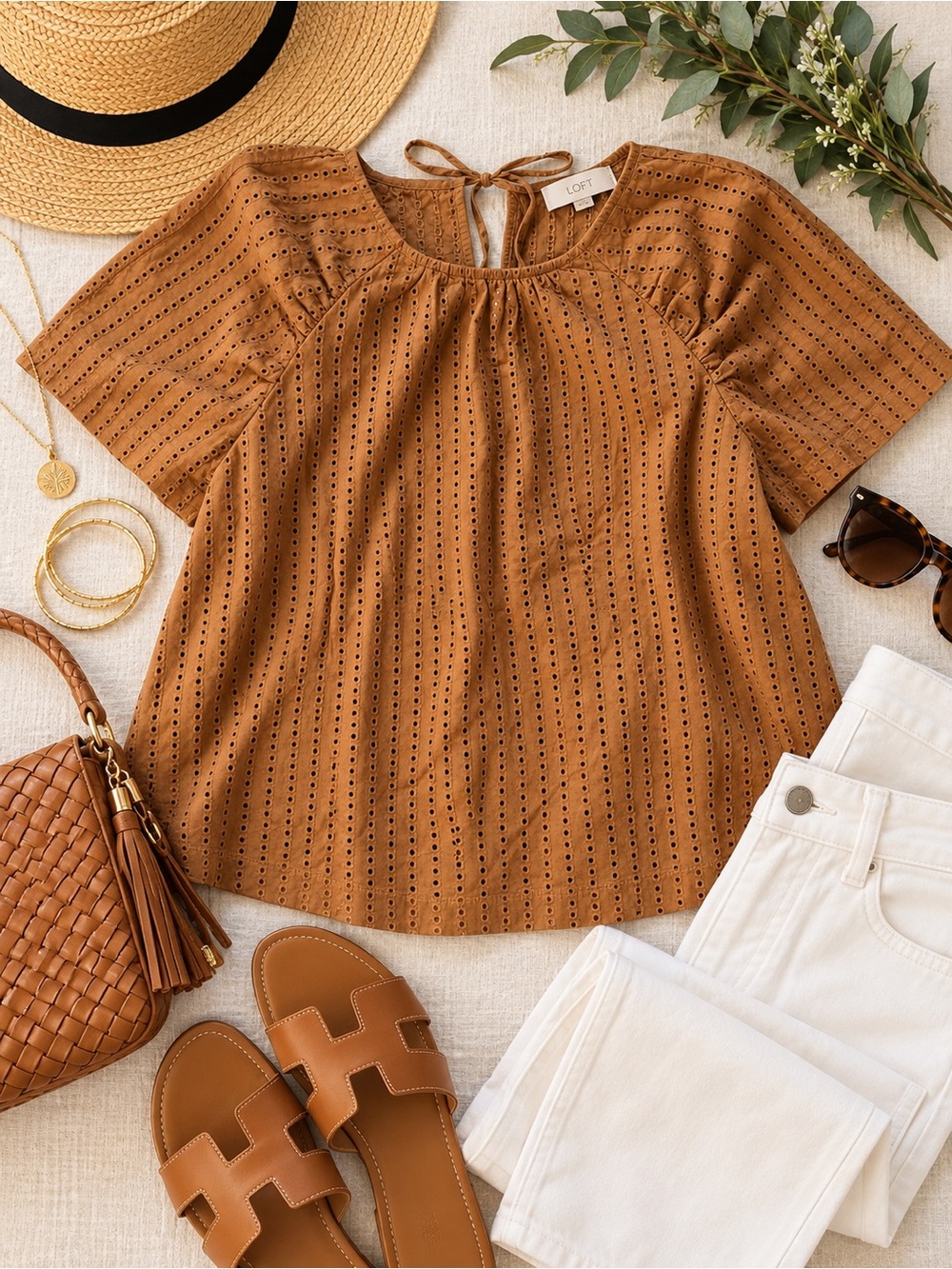 LOFT Caramel Eyelet Lightweight Short-Sleeve Top